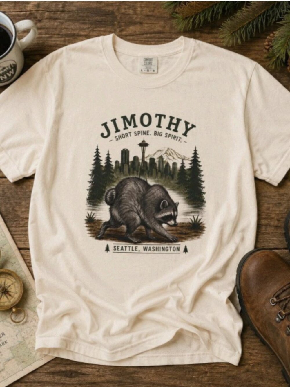Jimothy Raccoon Seatle Washington Cream Graphic T-Shirt PNW Tee